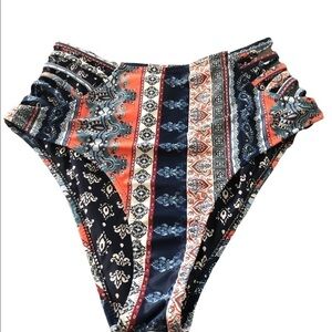 Cupshe Boho Paisley Printed High Waisted Swim Bottom Cage Sides M Navy Coral